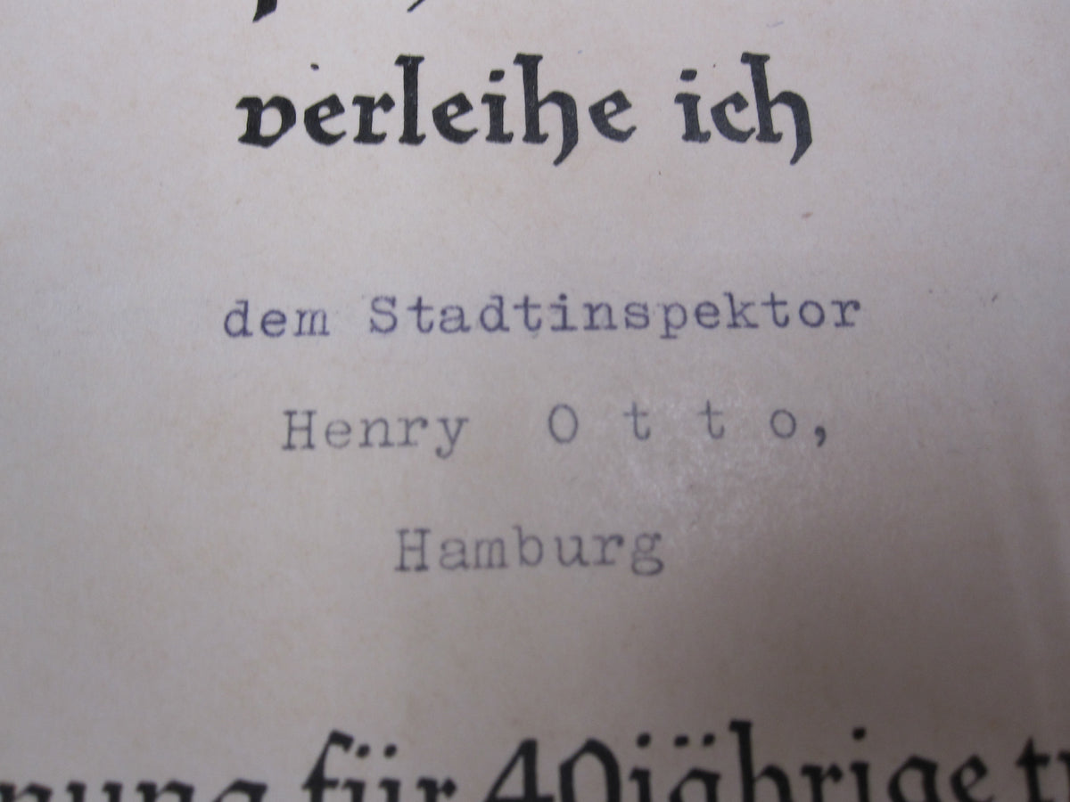 Verleihungsurkunde goldenes Treudienst-Ehrenzeichen Hamburg