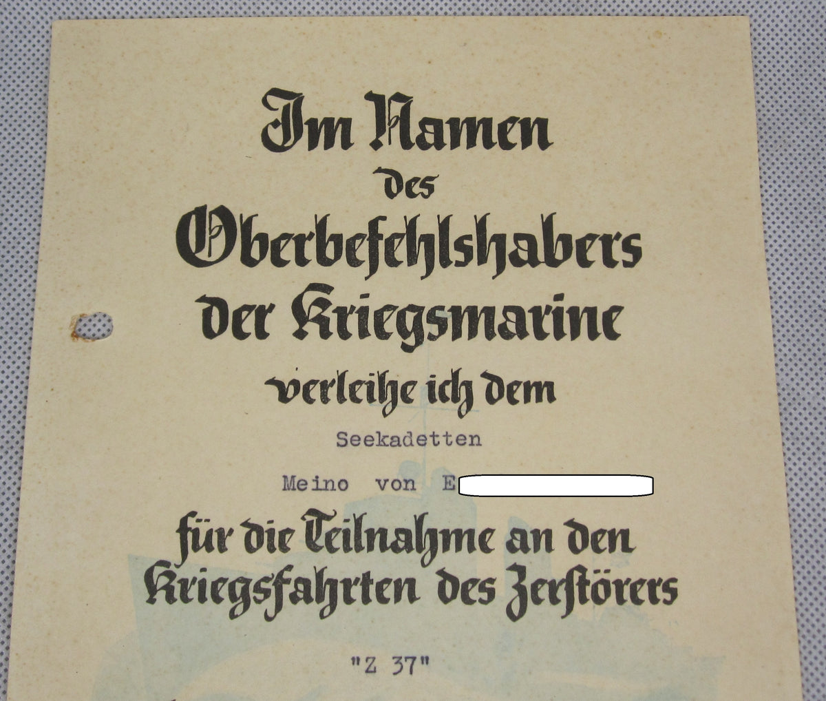 Besitzzeugnis zum Zerstörerkriegsabzeichen &quot;Z37&quot;