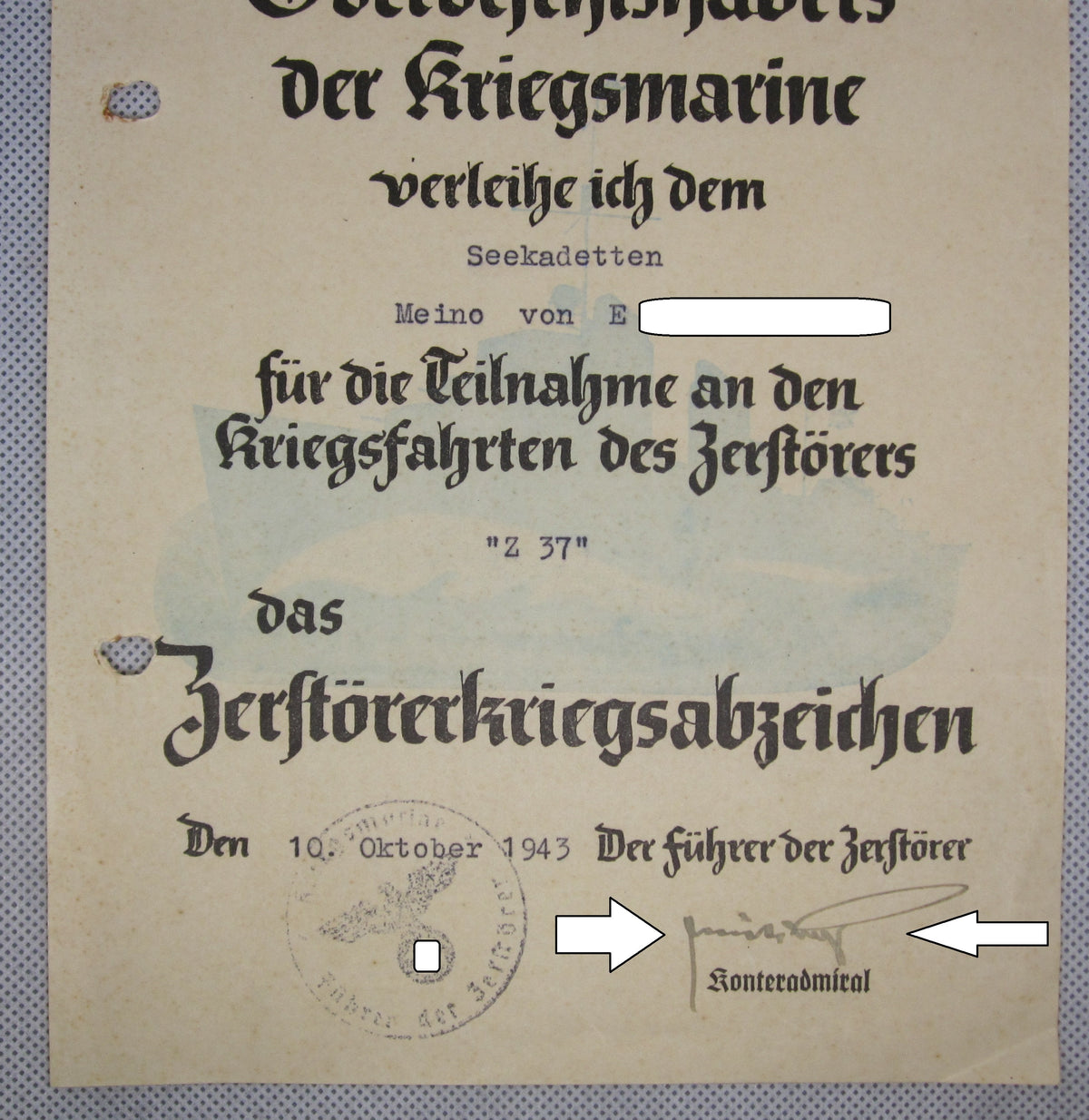 Besitzzeugnis zum Zerstörerkriegsabzeichen &quot;Z37&quot;