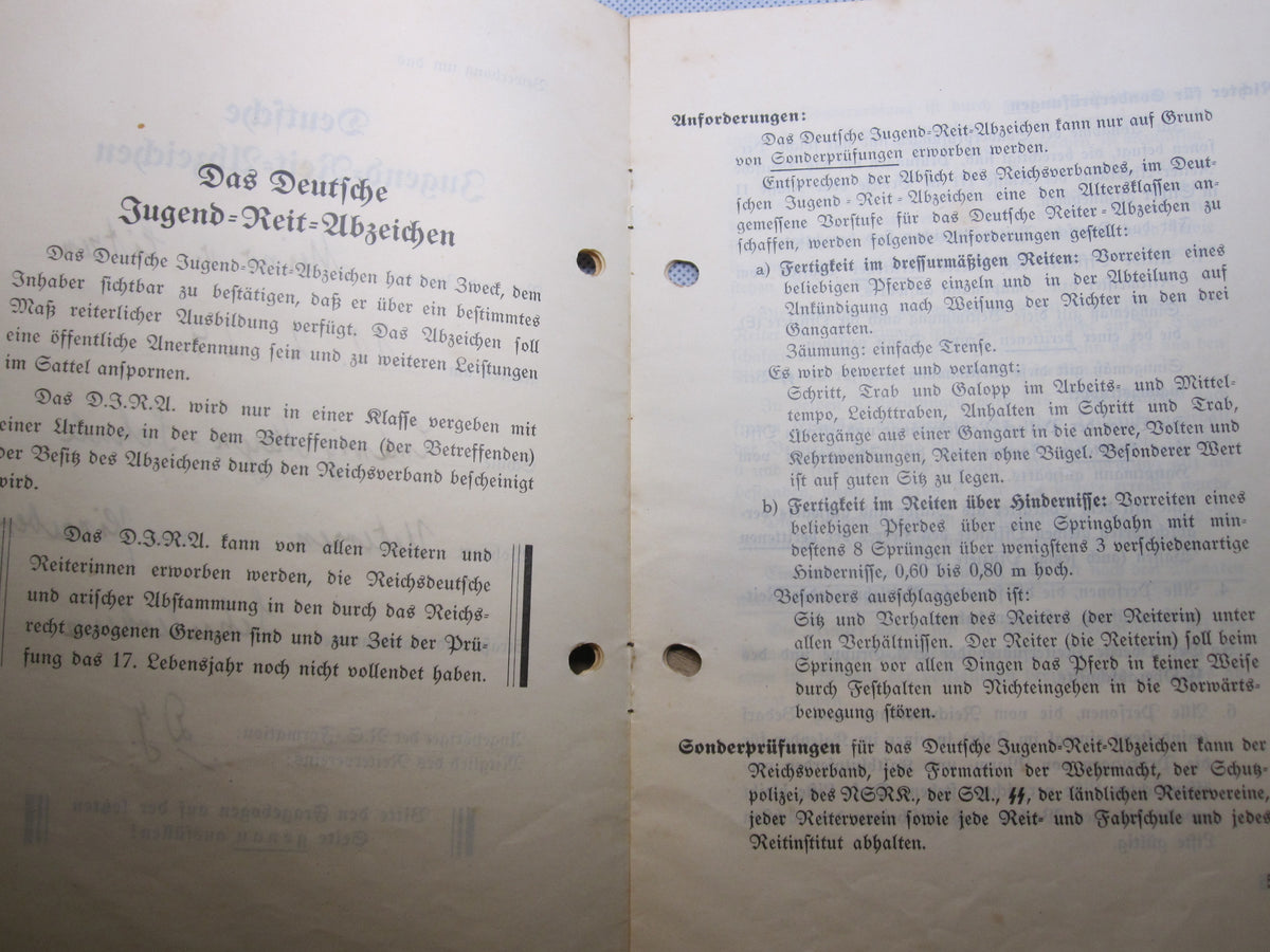 Urkundenheft zum Deutschen Jugend Reit Abzeichen 1933 - 1945 &amp; SA - Reitersturm