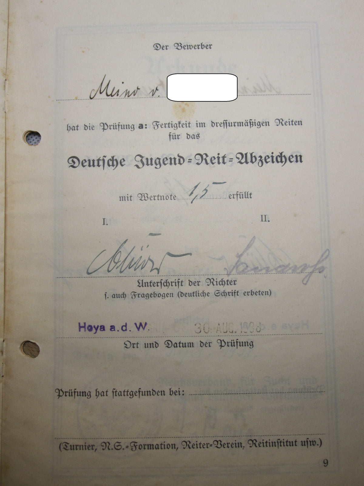 Urkundenheft zum Deutschen Jugend Reit Abzeichen 1933 - 1945 &amp; SA - Reitersturm