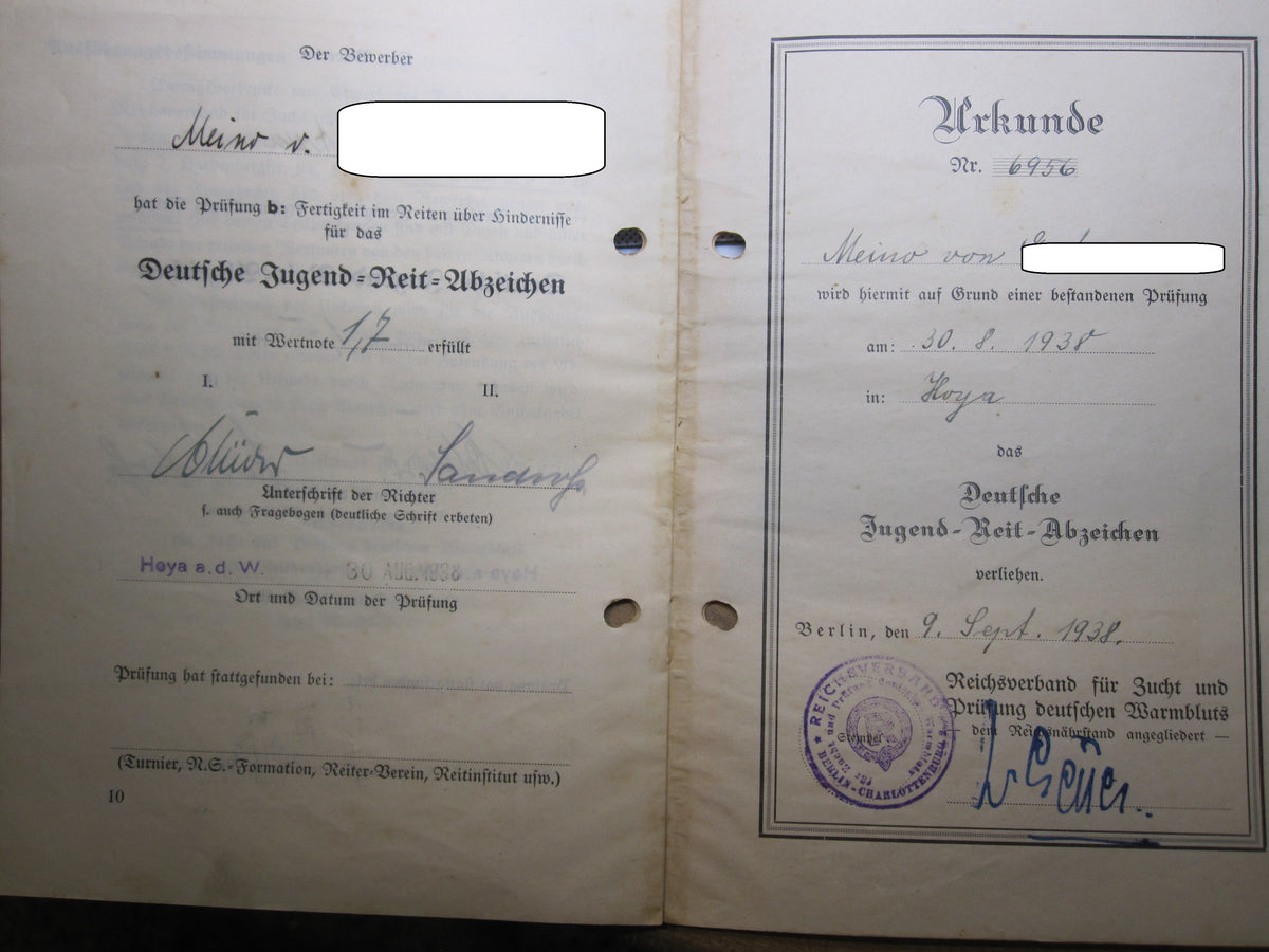 Urkundenheft zum Deutschen Jugend Reit Abzeichen 1933 - 1945 &amp; SA - Reitersturm