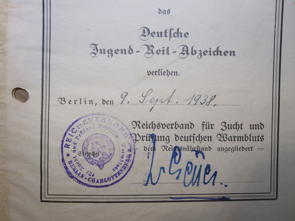 Urkundenheft zum Deutschen Jugend Reit Abzeichen 1933 - 1945 &amp; SA - Reitersturm