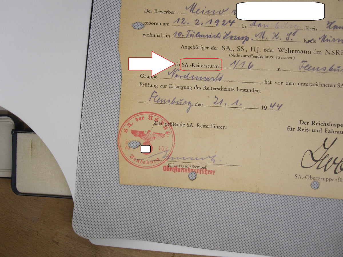 Urkundenheft zum Deutschen Jugend Reit Abzeichen 1933 - 1945 &amp; SA - Reitersturm