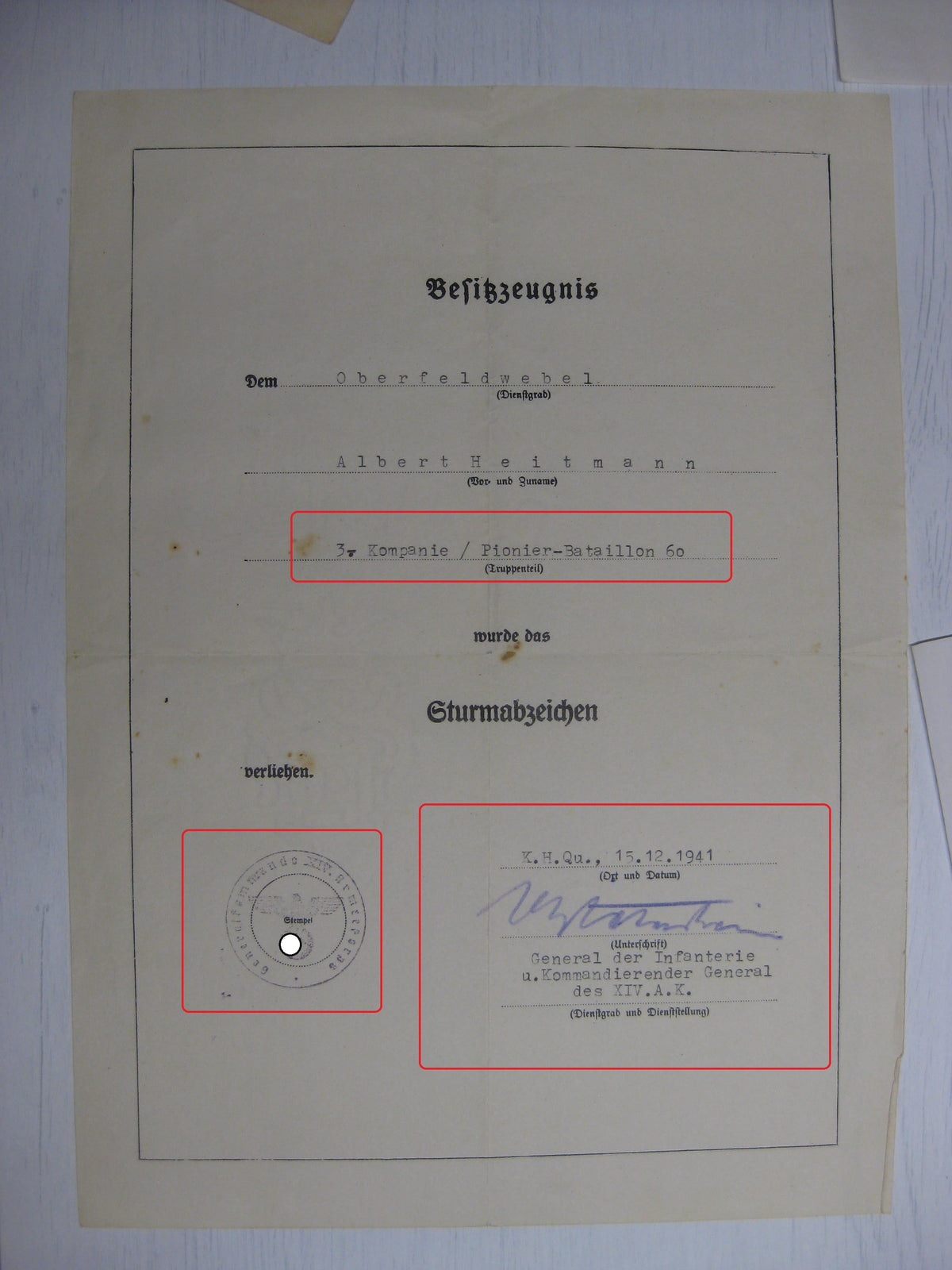 Besitzzeugnis Verleihungsurkunden Eisernes Kreuz Sturmabzeichen Ostmedaille etc etc !! Schlacht um Moskau !!