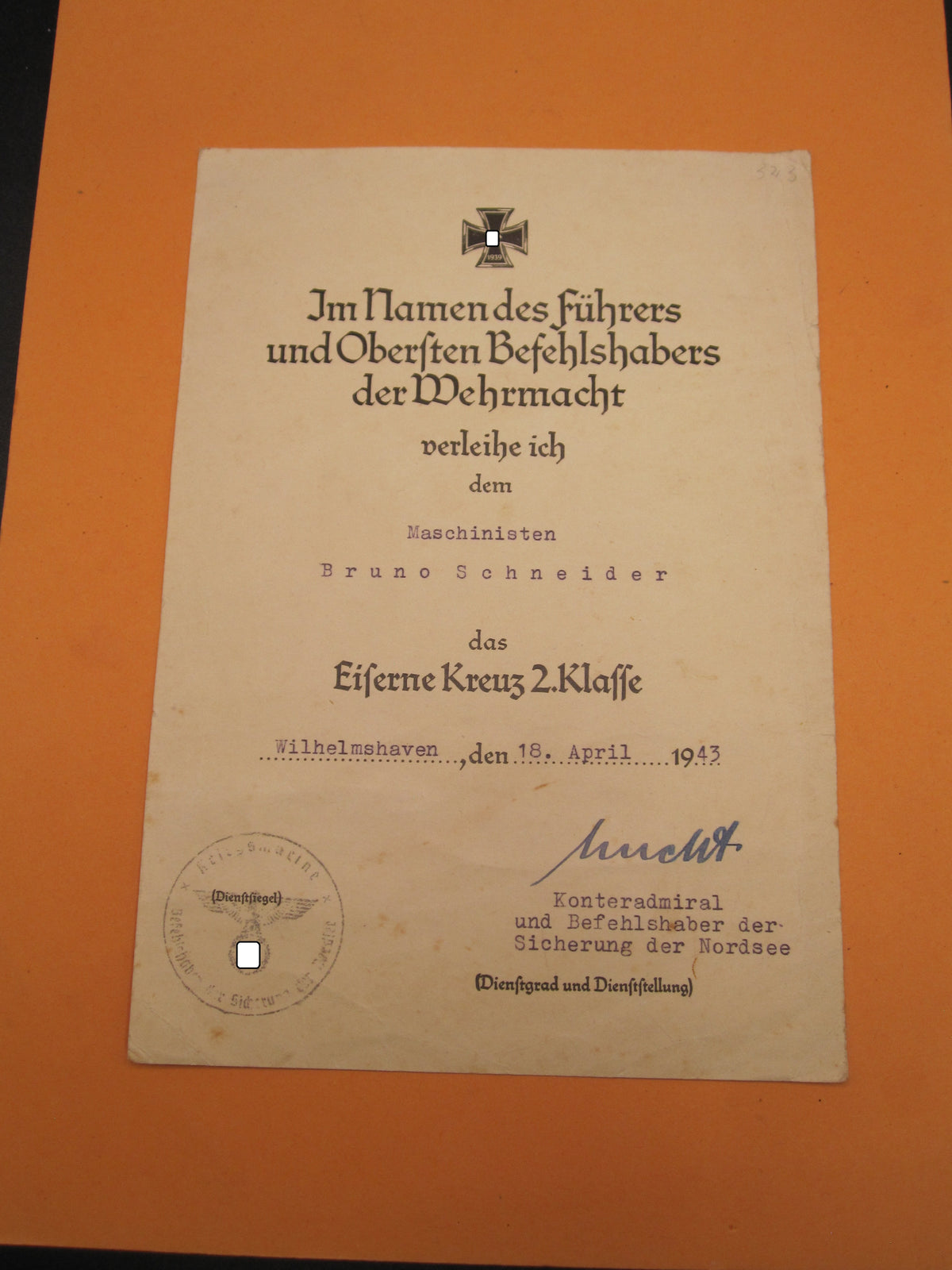 Verleihungsurkunde zum Minensucher Kriegsabzeichen Kriegsmarine