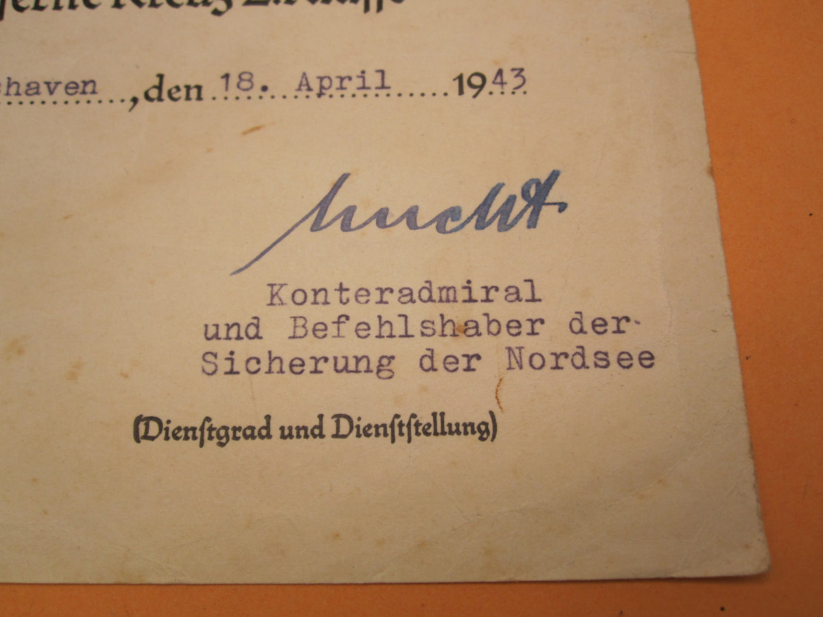 Verleihungsurkunde zum Minensucher Kriegsabzeichen Kriegsmarine