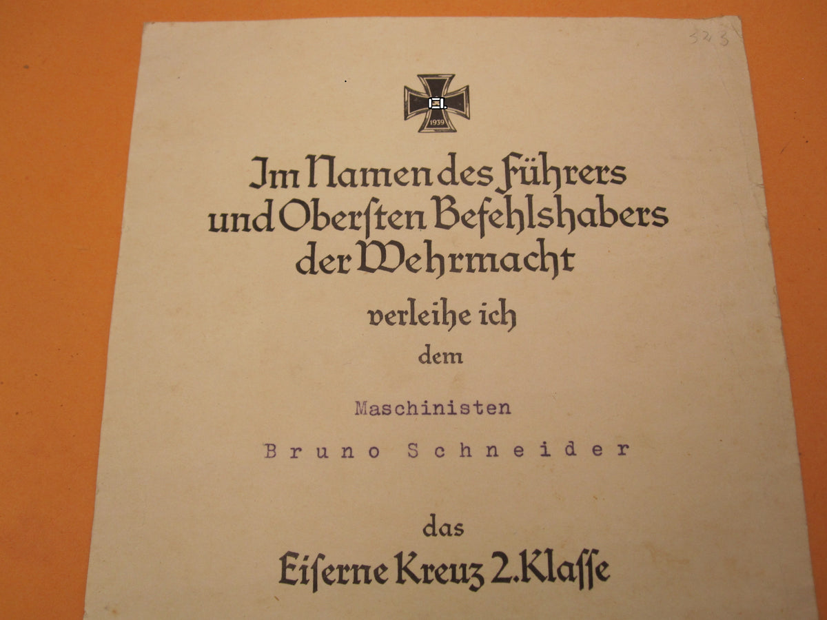 Verleihungsurkunde zum Minensucher Kriegsabzeichen Kriegsmarine