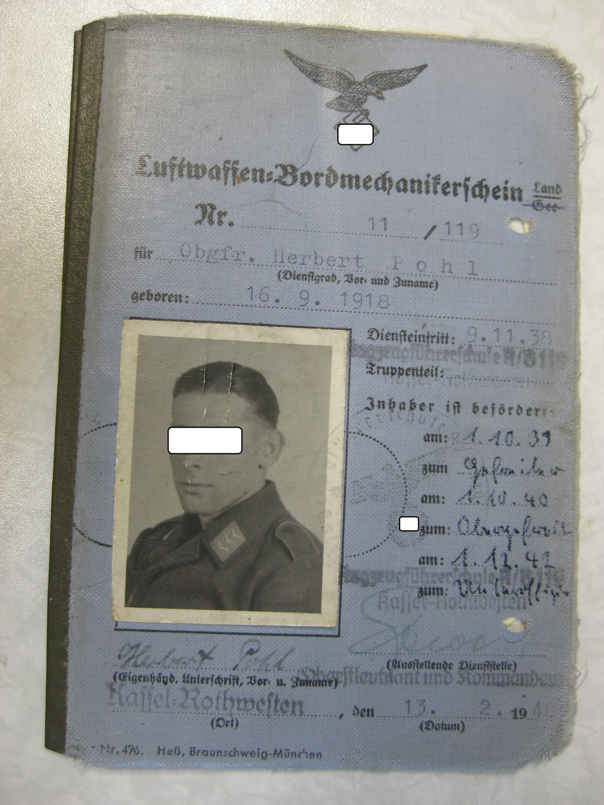 H.W. Luftwaffen Bordmechanikerschein Flieger