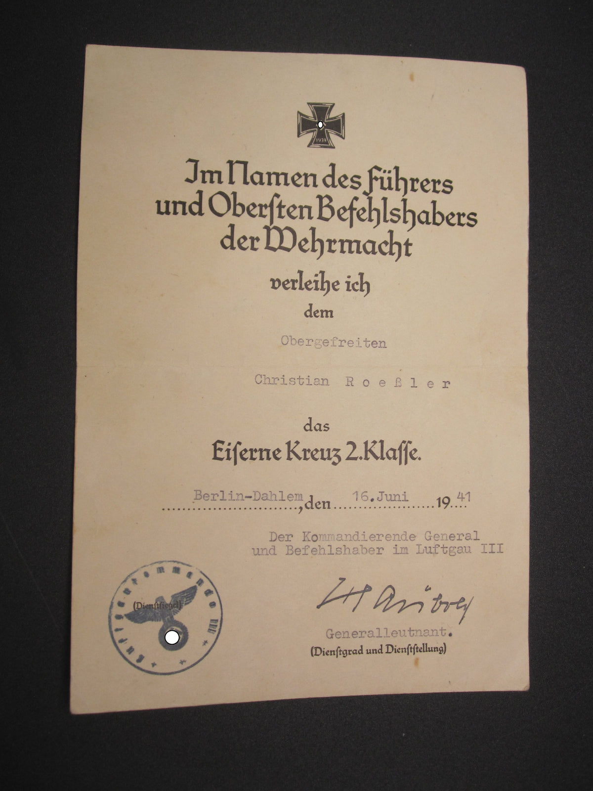 Verleihungsurkunde zum Eisernen Kreuz 2. Klasse (EK2/39)
