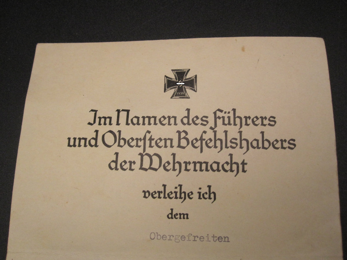 Verleihungsurkunde zum Eisernen Kreuz 2. Klasse (EK2/39)