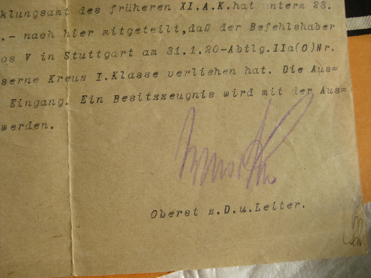 Bescheinigung für das Besitzzeugnis zum EK1/14 Späte Verleihung in 1920 !!!