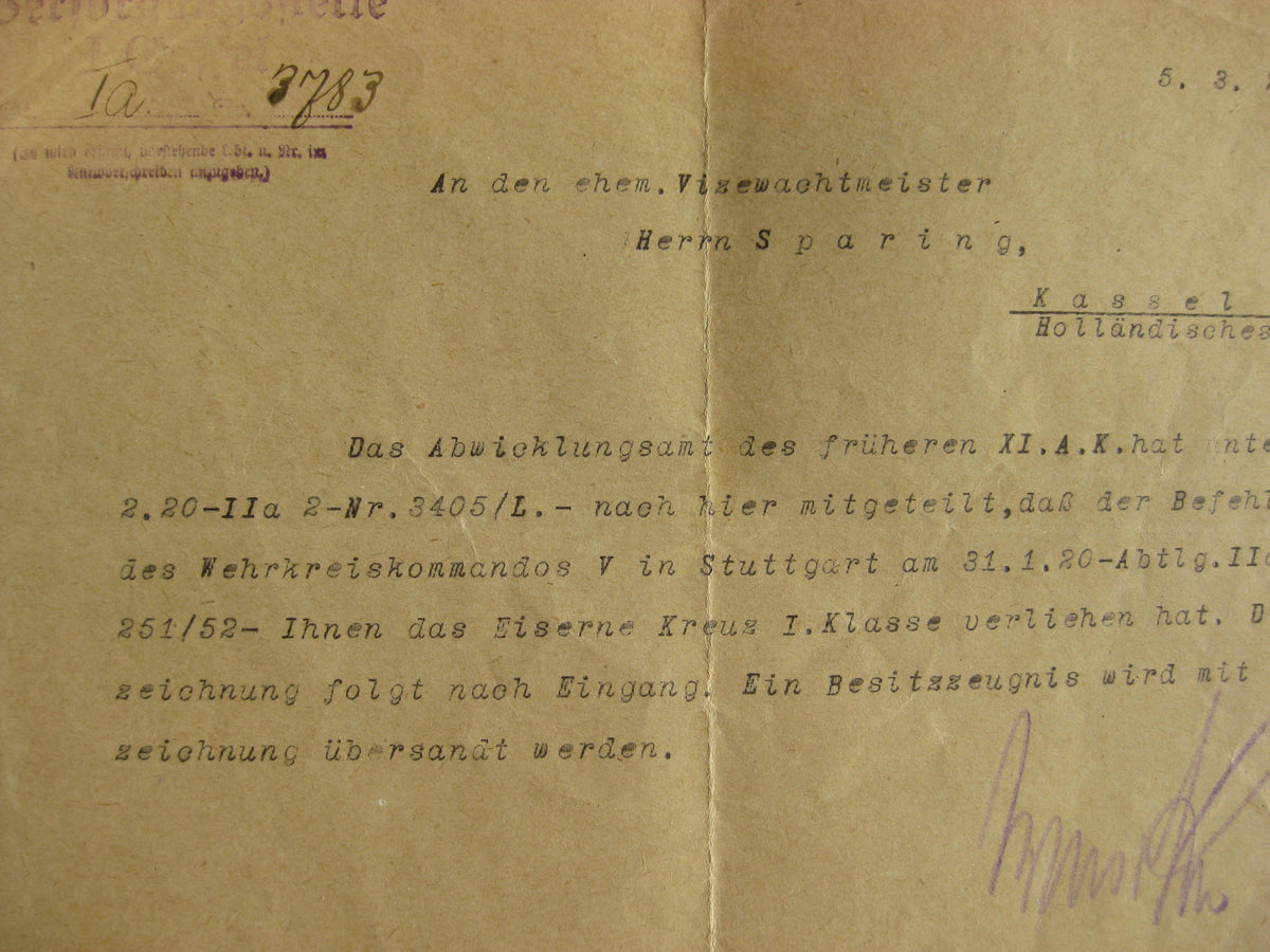 Bescheinigung für das Besitzzeugnis zum EK1/14 Späte Verleihung in 1920 !!!