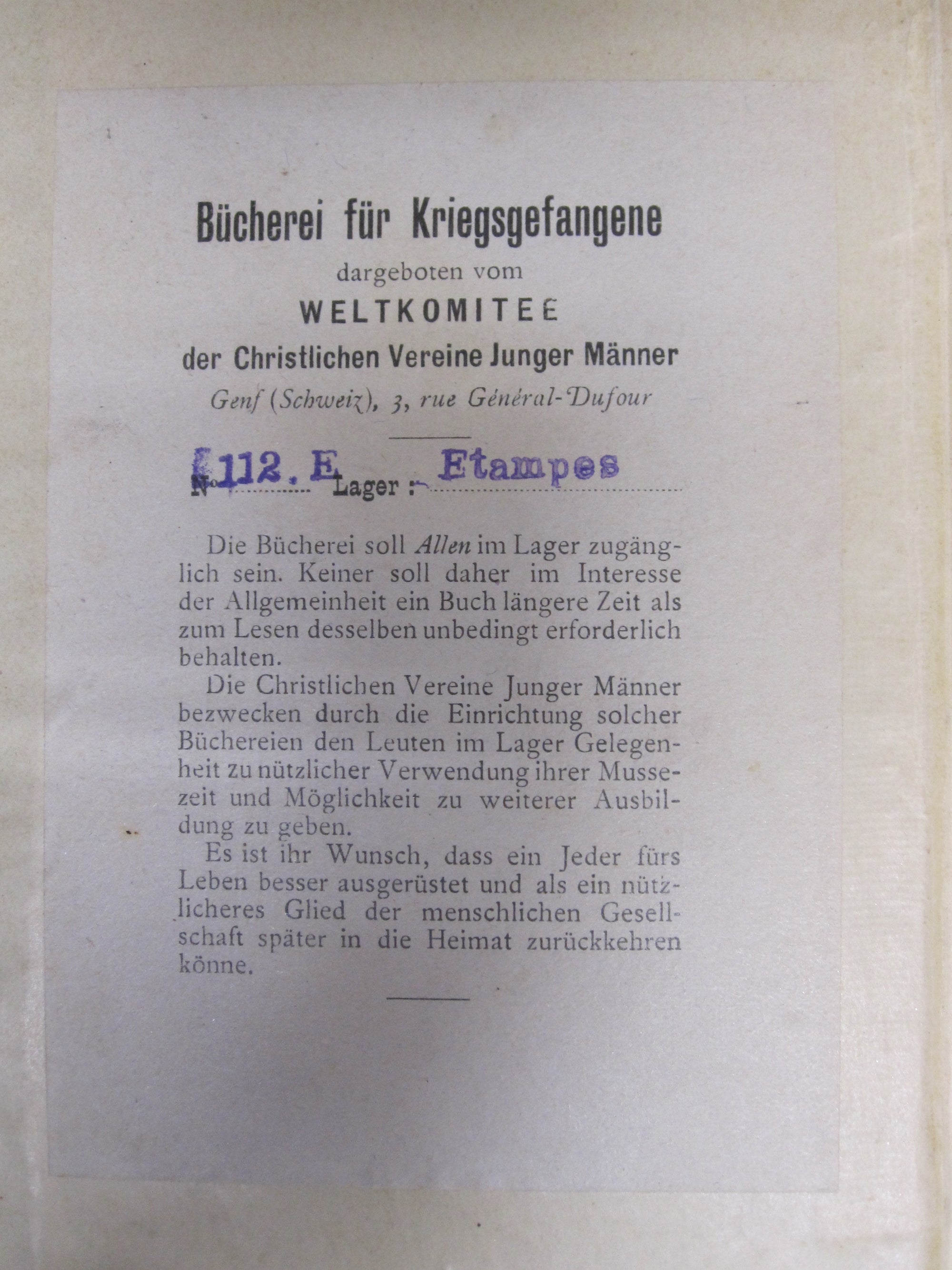 Buch Theodor Körner mit Einlegeblatt: BÜCHEREI FÜR KRIEGSGEFANGENE !