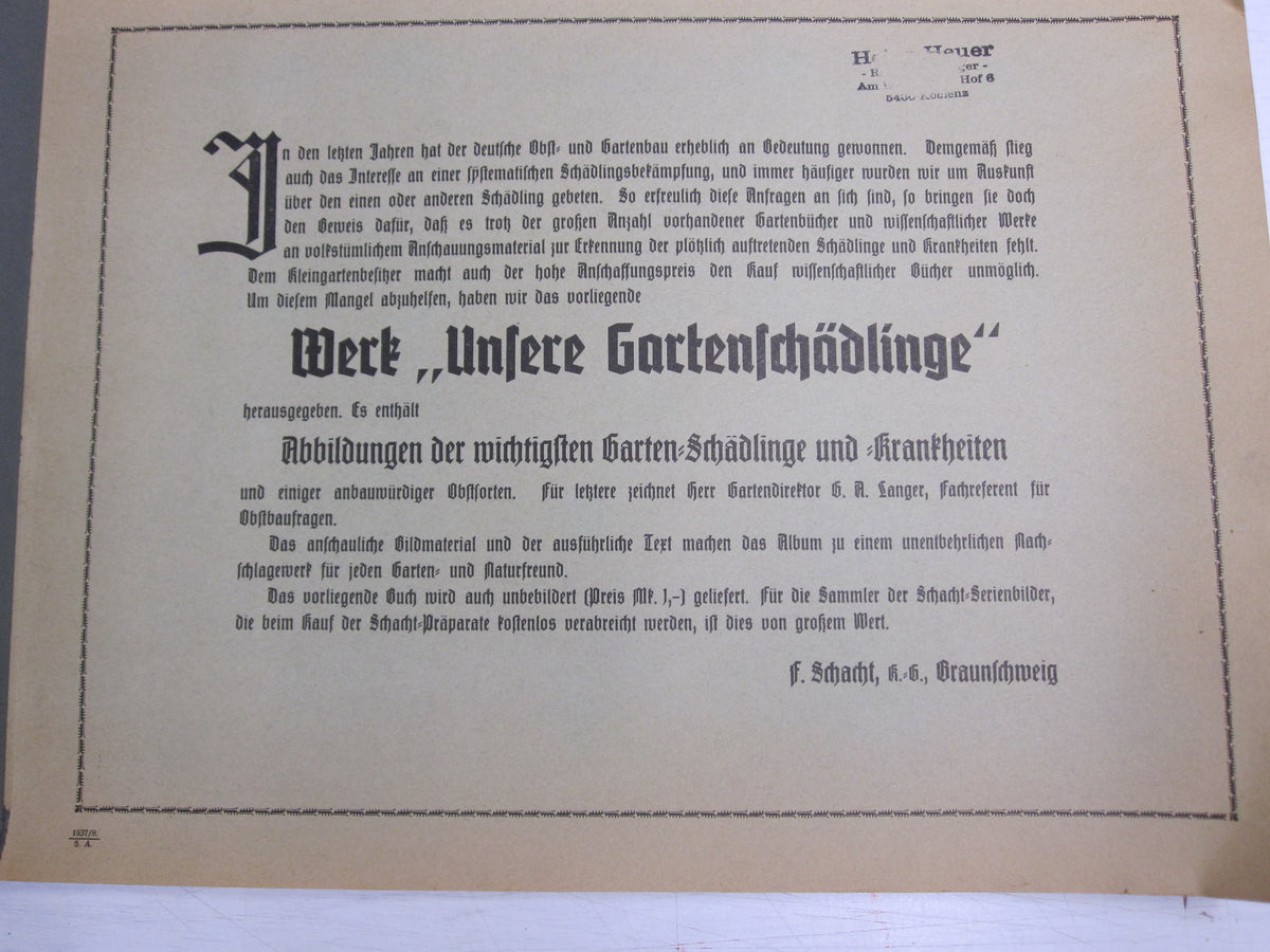 Sammelbilderalbum  Unsere Garten Schädlinge Braunschweig