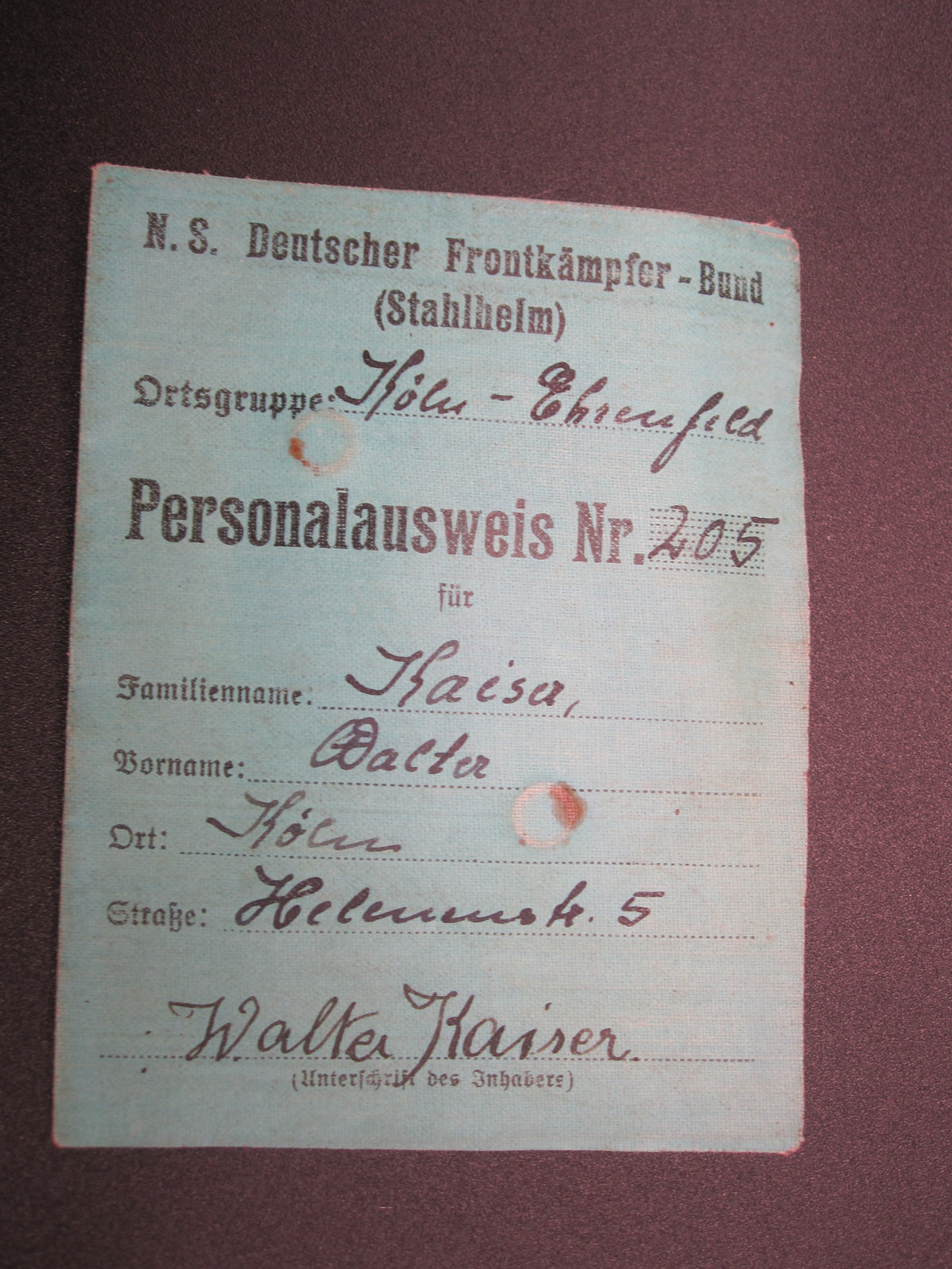 Mitgliedsbuch &amp; Personalausweis Stahlhelmbund 1931 - 1934 KÖLN