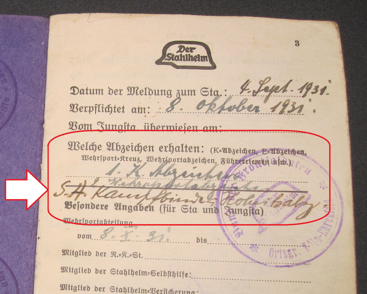 Mitgliedsbuch &amp; Personalausweis Stahlhelmbund 1931 - 1934 KÖLN