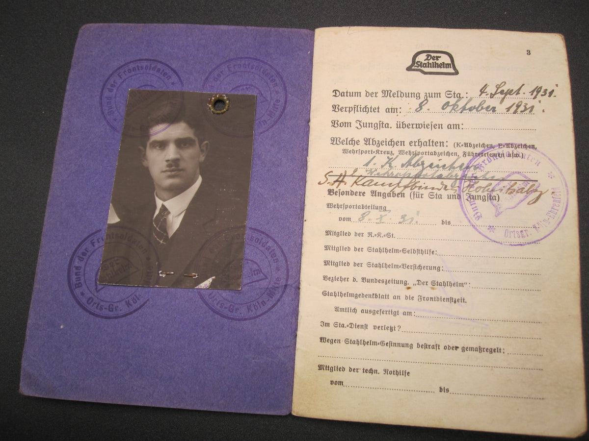 Mitgliedsbuch &amp; Personalausweis Stahlhelmbund 1931 - 1934 KÖLN