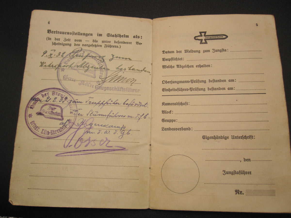 Mitgliedsbuch &amp; Personalausweis Stahlhelmbund 1931 - 1934 KÖLN