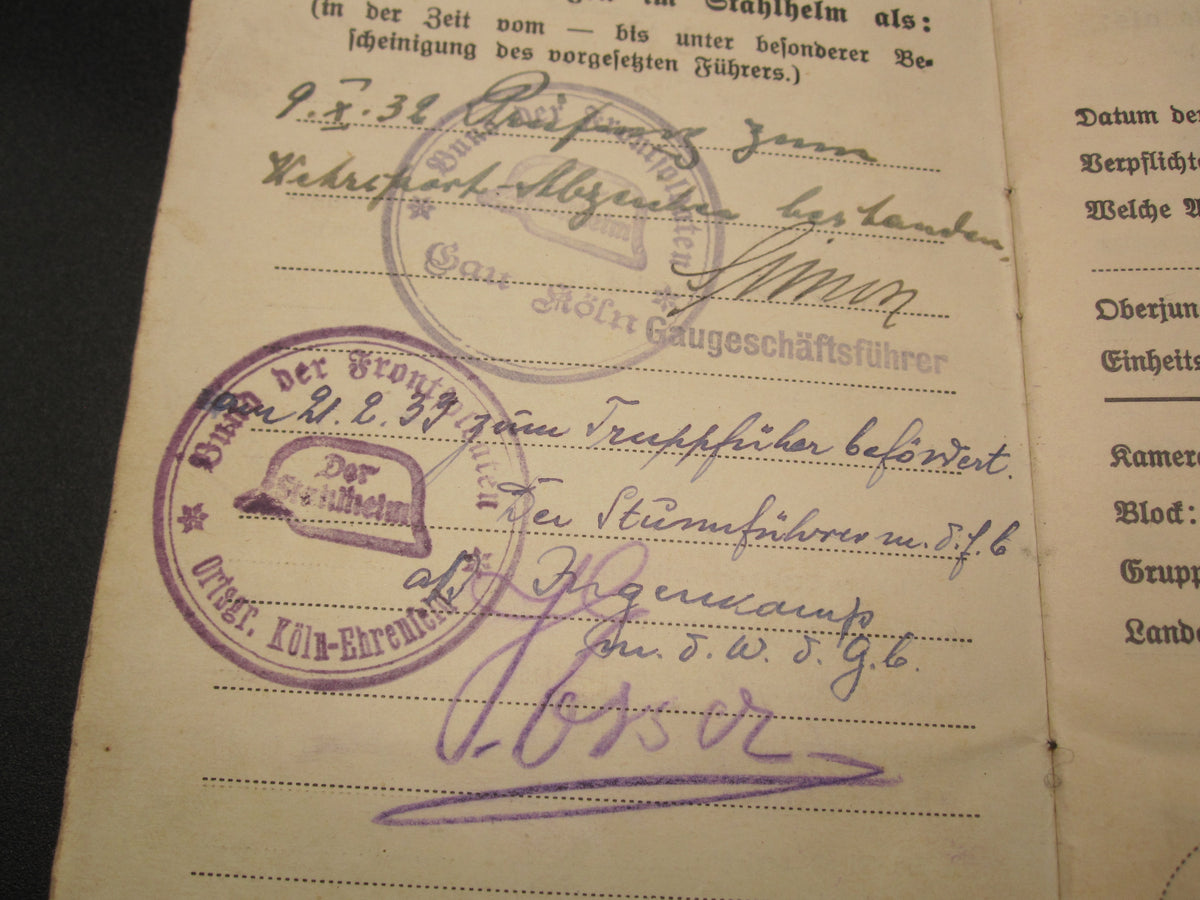 Mitgliedsbuch &amp; Personalausweis Stahlhelmbund 1931 - 1934 KÖLN