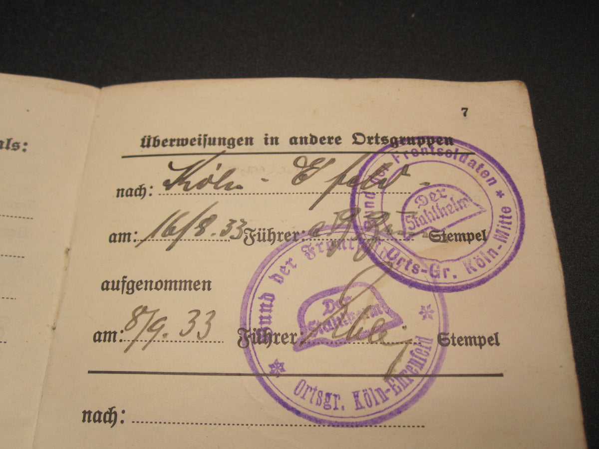 Mitgliedsbuch &amp; Personalausweis Stahlhelmbund 1931 - 1934 KÖLN