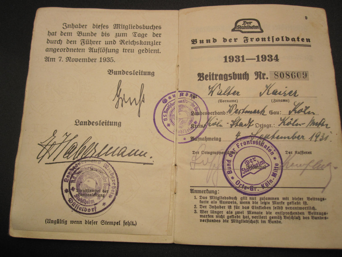 Mitgliedsbuch &amp; Personalausweis Stahlhelmbund 1931 - 1934 KÖLN