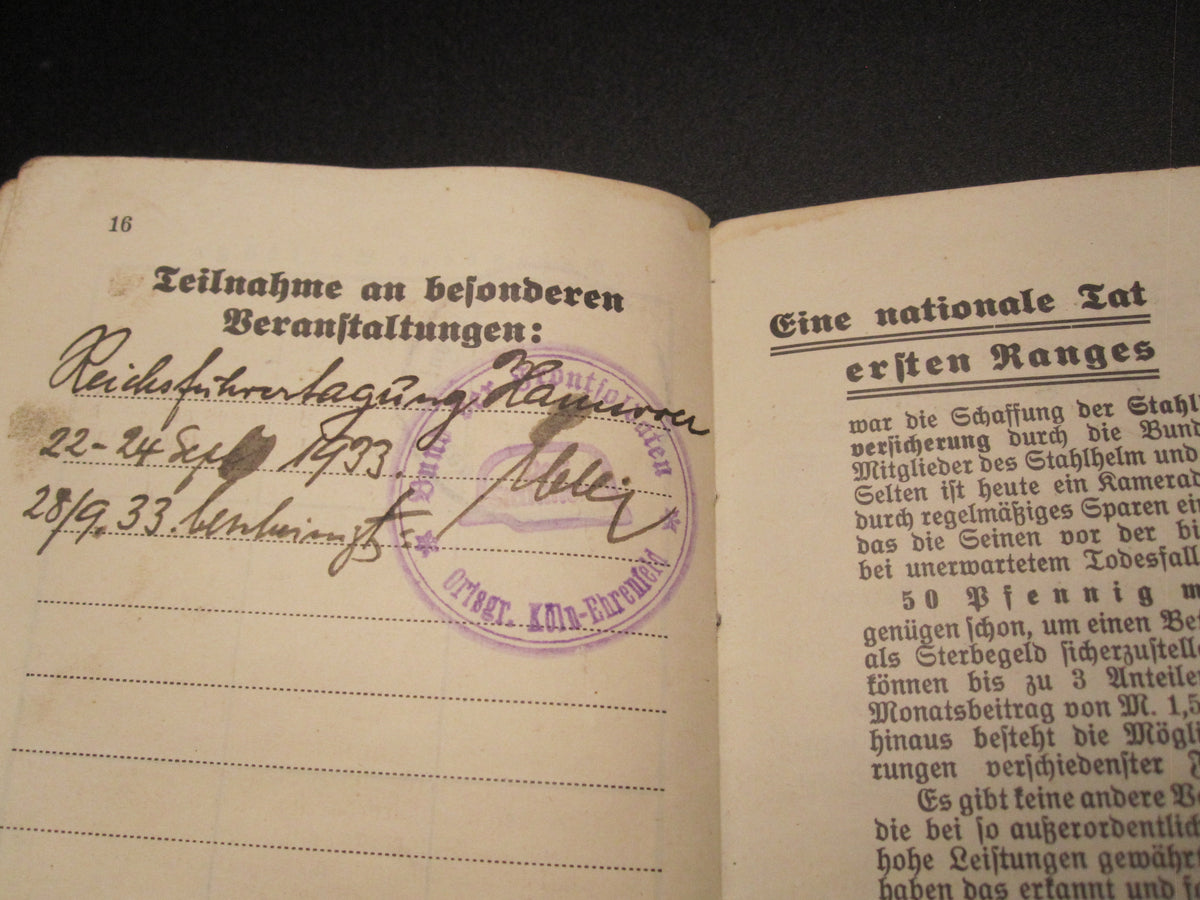 Mitgliedsbuch &amp; Personalausweis Stahlhelmbund 1931 - 1934 KÖLN