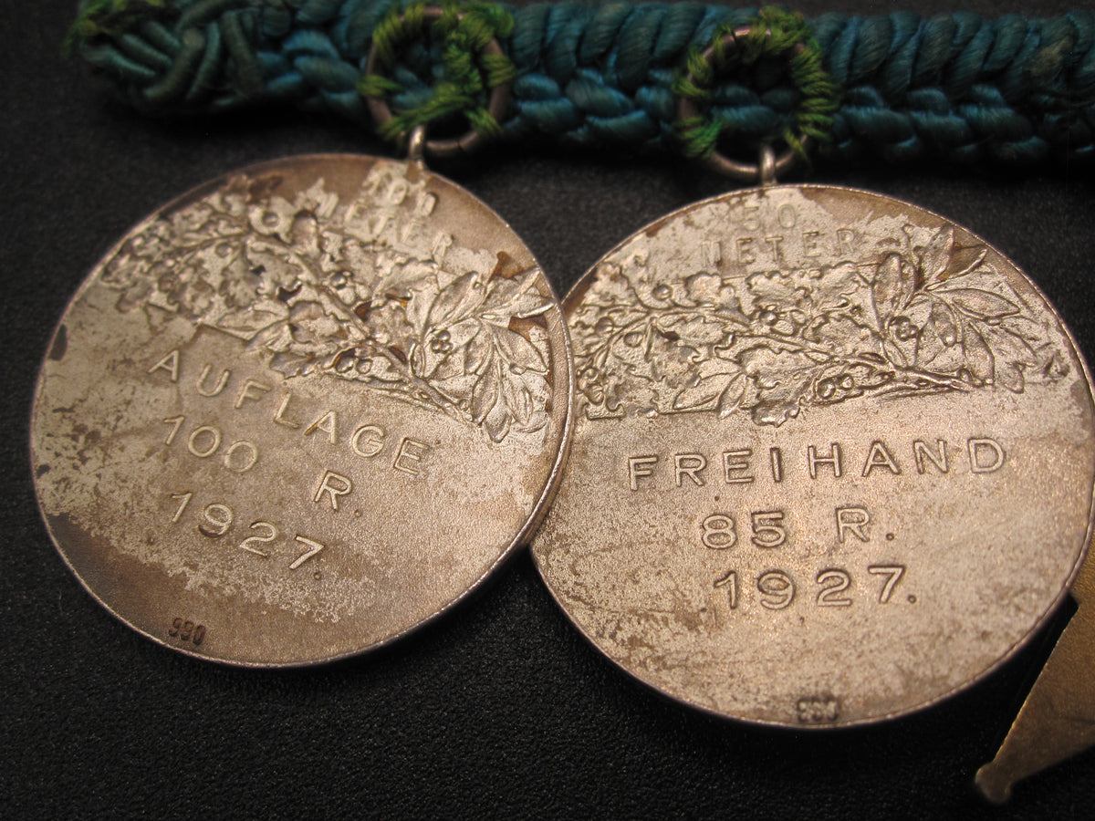 6 Alte Jagdabzeichen jagdliche Schützenorden Schützenmedaille 1927 &amp; 1928 echtes SILBER