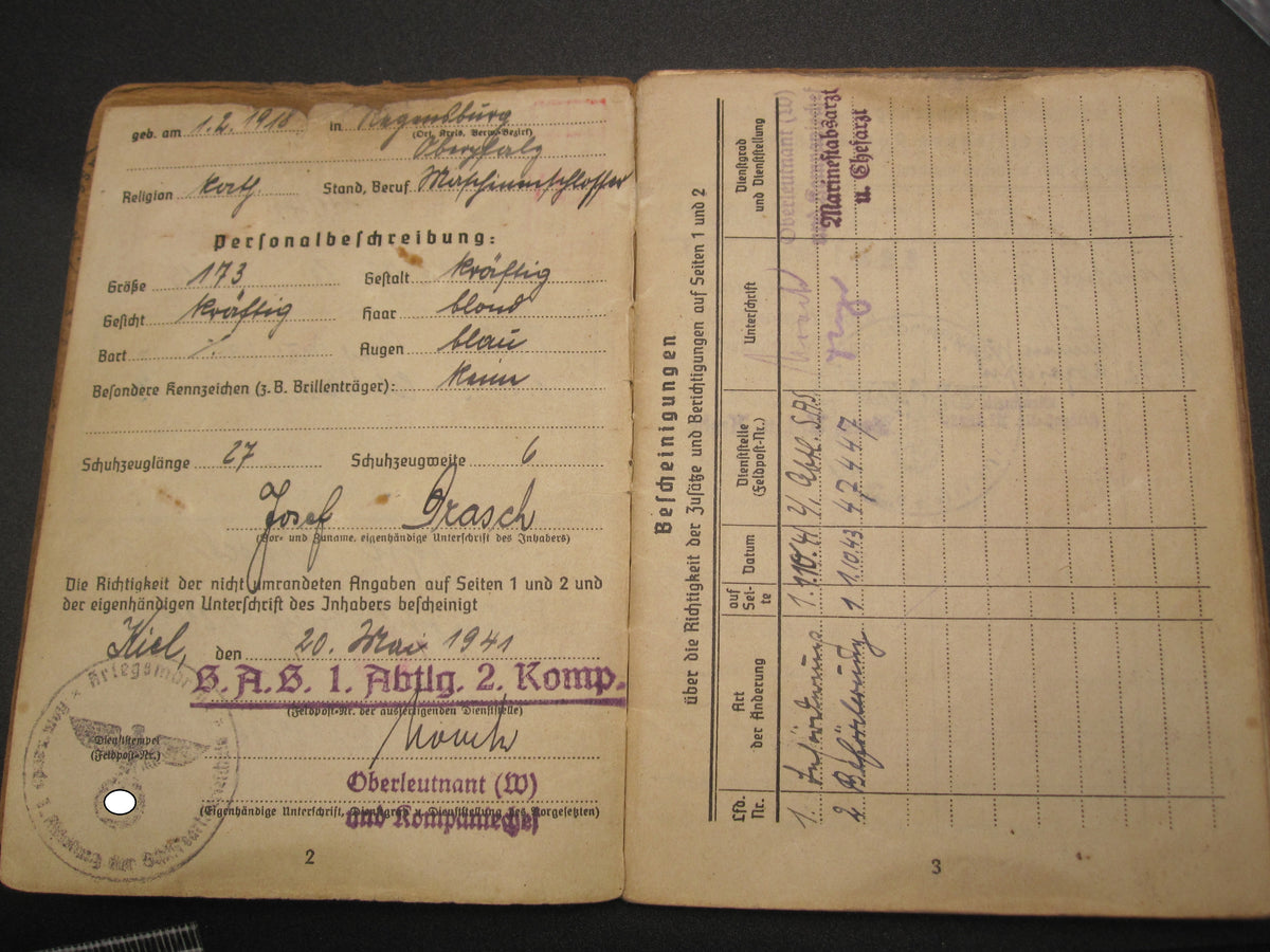 H.W.   -  -   Soldbuch Kriegsmarine Atlantikküste Zerstörer Kriegsabzeichen