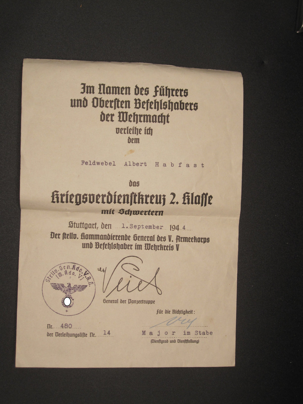 Verleihungsurkunde Besitzzeugnis KVK Panzertruppe