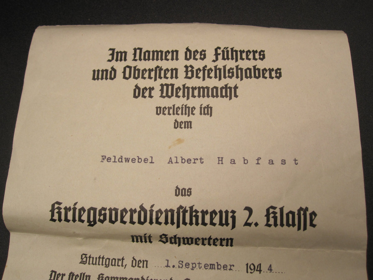 Verleihungsurkunde Besitzzeugnis KVK Panzertruppe