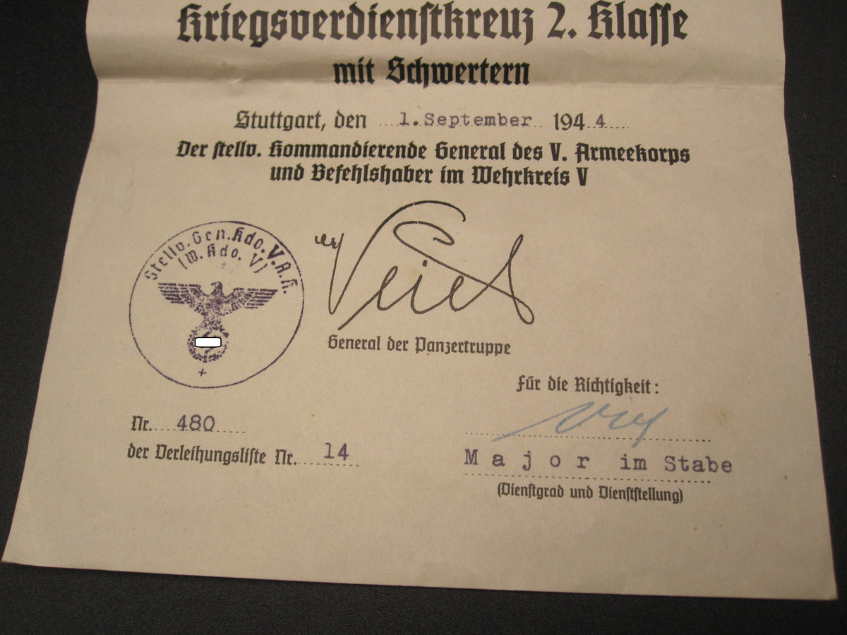 Verleihungsurkunde Besitzzeugnis KVK Panzertruppe