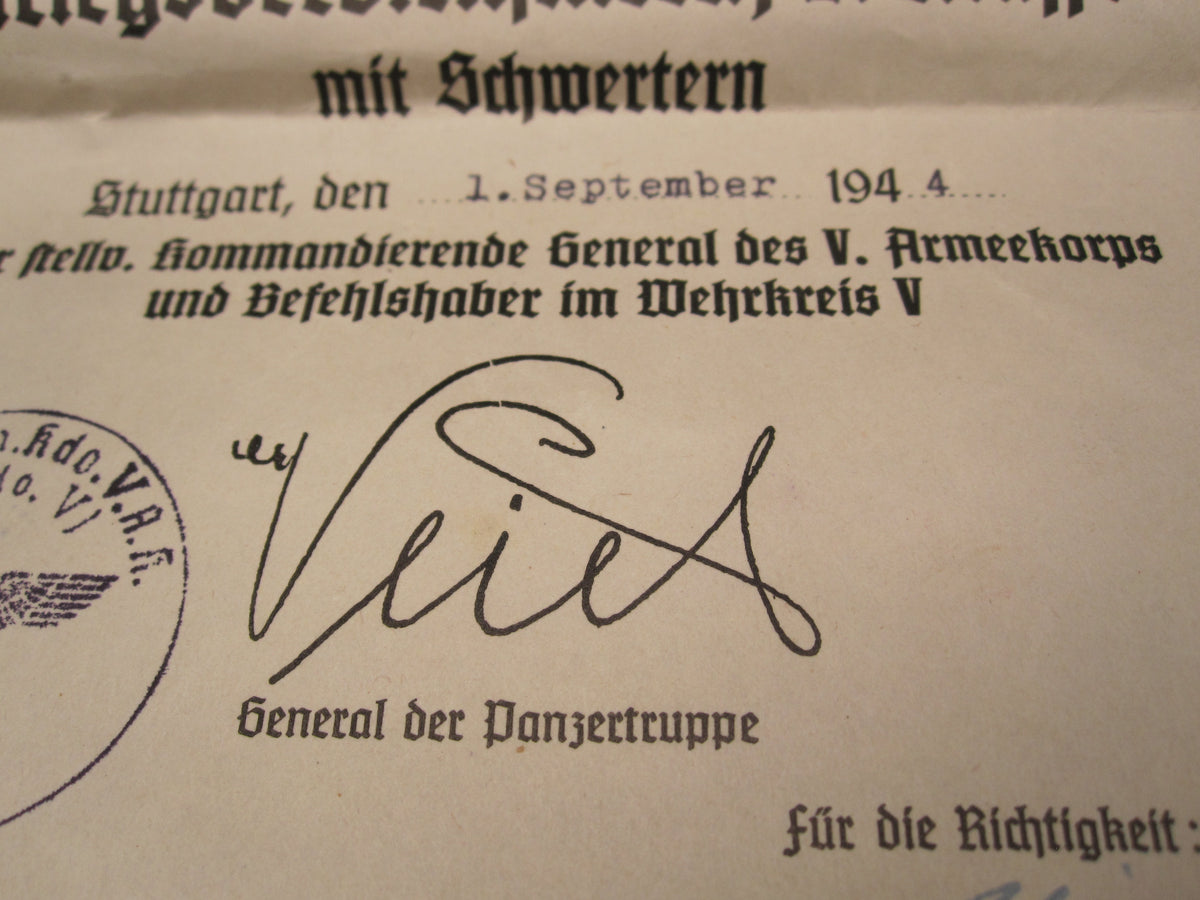 Verleihungsurkunde Besitzzeugnis KVK Panzertruppe