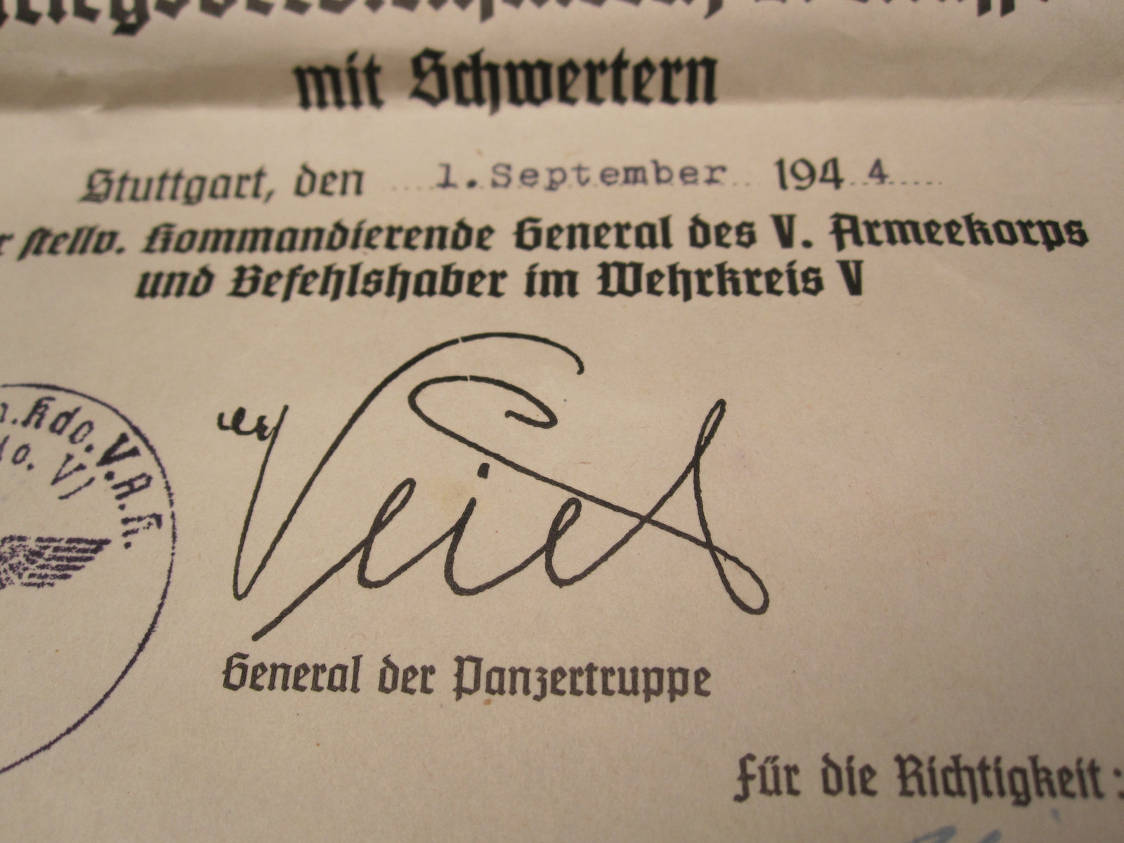 Verleihungsurkunde Besitzzeugnis KVK Panzertruppe
