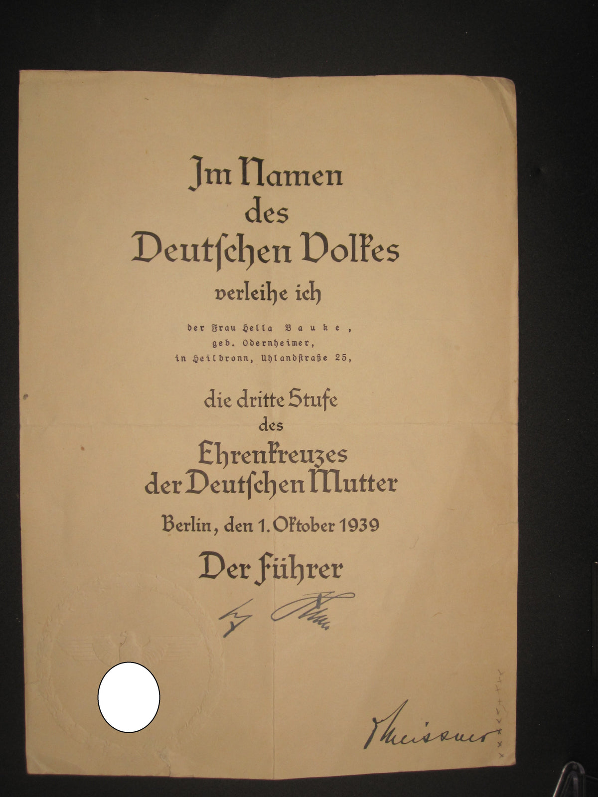 Verleihungsurkunde Mutterkreuz dritte Stufe HEILBRONN