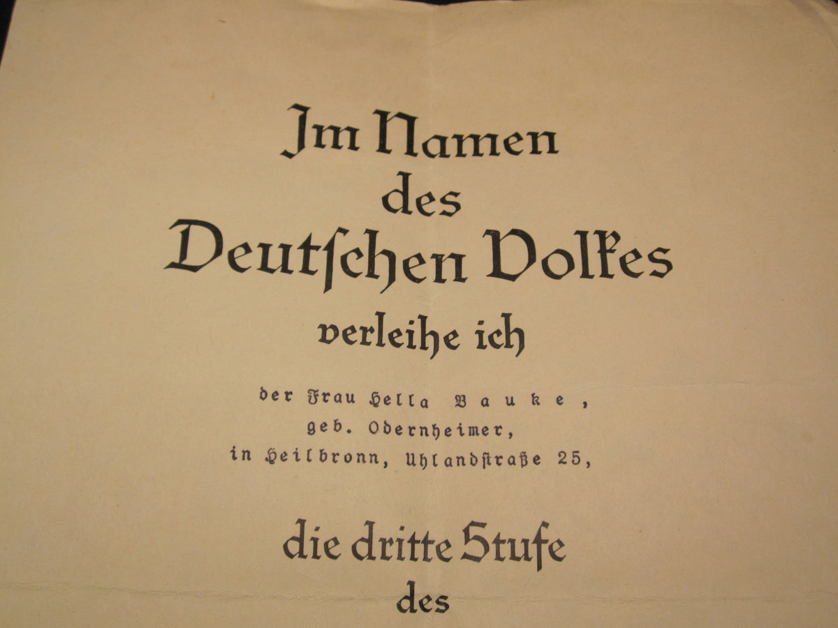 Verleihungsurkunde Mutterkreuz dritte Stufe HEILBRONN