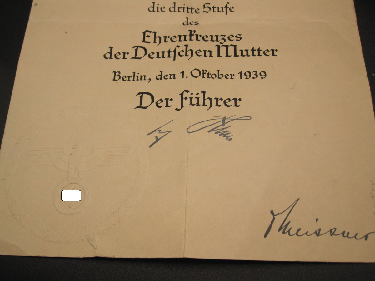 Verleihungsurkunde Mutterkreuz dritte Stufe HEILBRONN