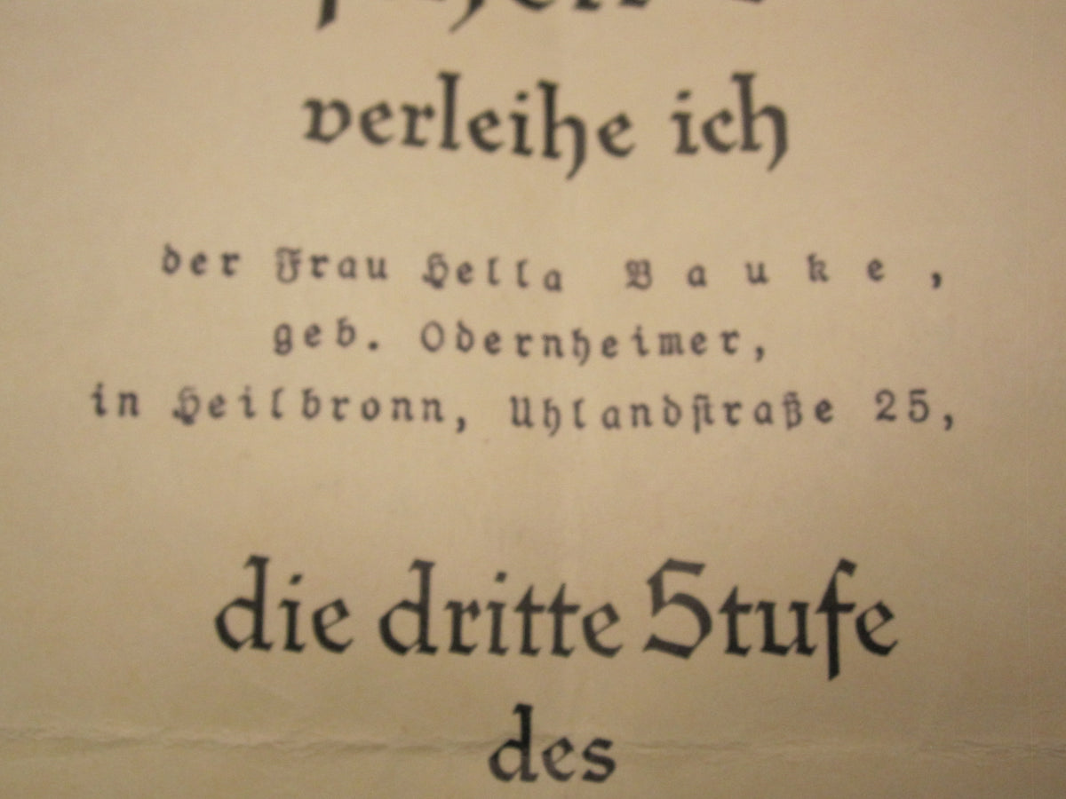 Verleihungsurkunde Mutterkreuz dritte Stufe HEILBRONN