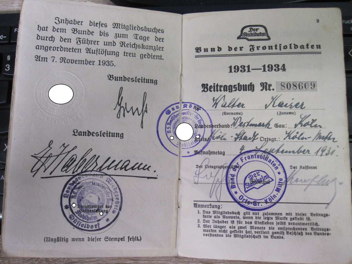 Mitgliedsbuch &amp; Personalausweis Stahlhelmbund 1931 - 1934 KÖLN