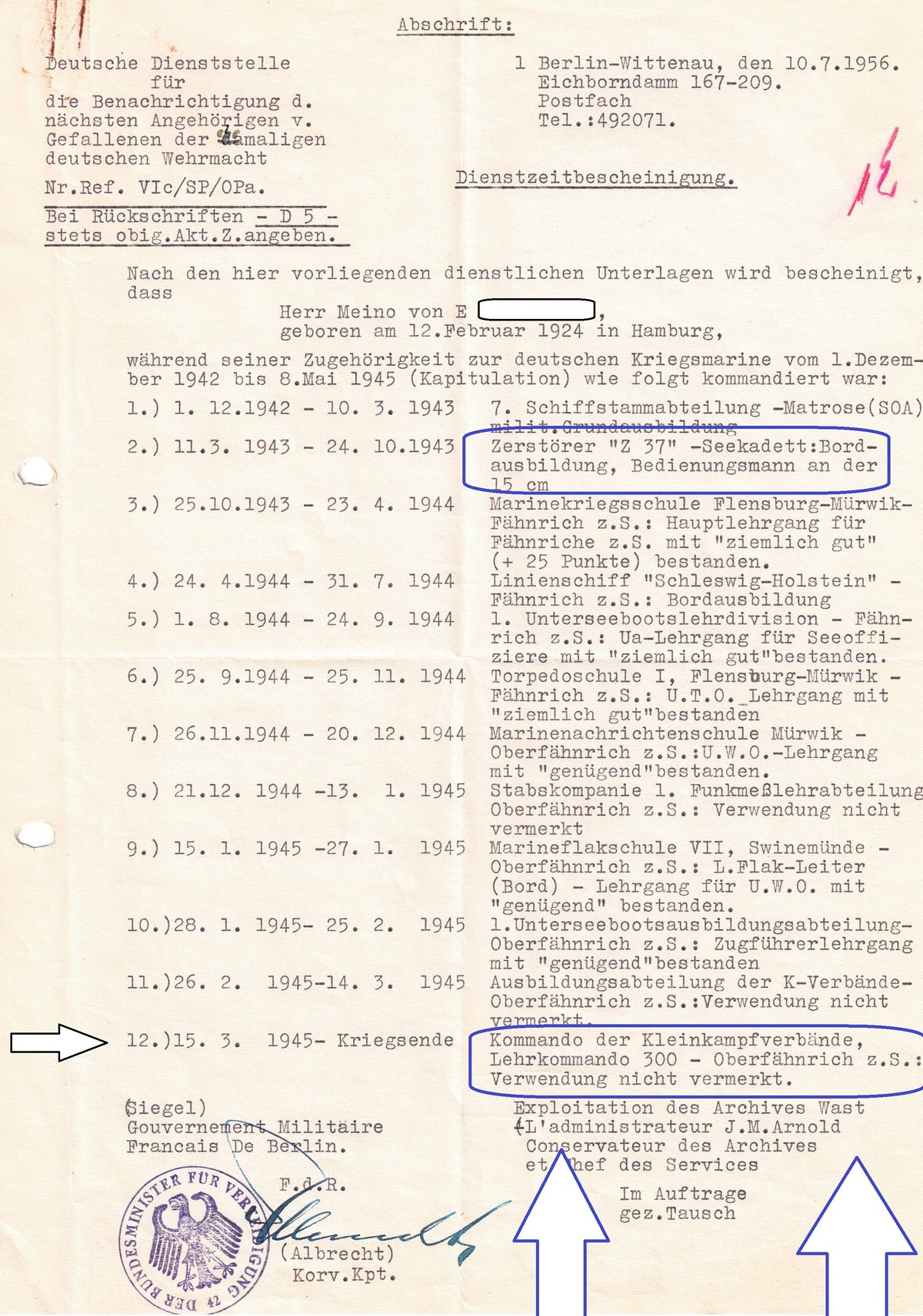 Besitzzeugnis zum Zerstörerkriegsabzeichen &quot;Z37&quot;