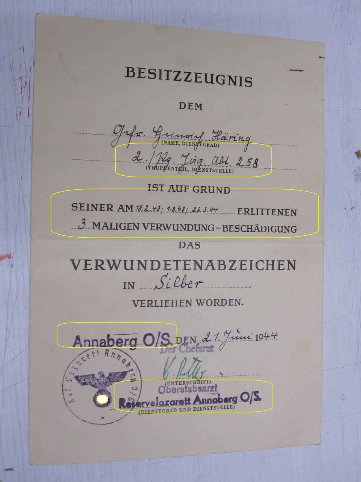Besitzzeugnis Verleihungsurkunden Panzerjägerabteilung Sturmgeschütz ANNABERG O/S