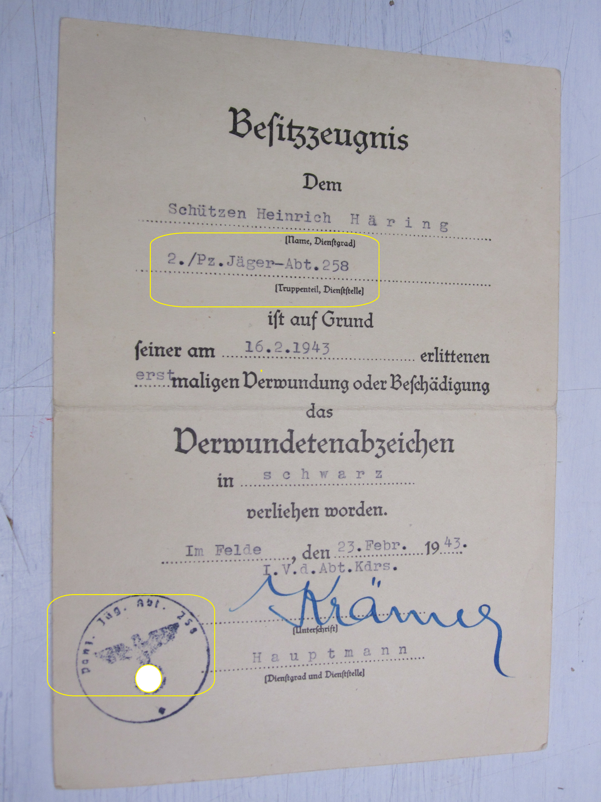 Besitzzeugnis Verleihungsurkunden Panzerjägerabteilung Sturmgeschütz ANNABERG O/S