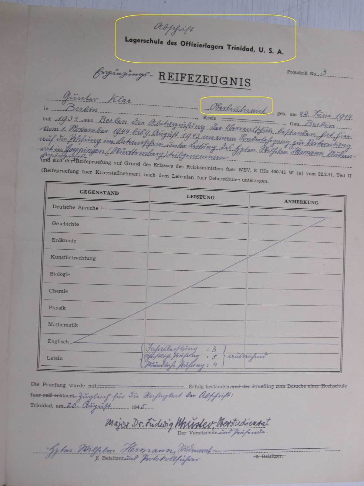 Urkunde Lagerschule Kriegsgefangenenlager Camp Trinidad / Colorado  USA