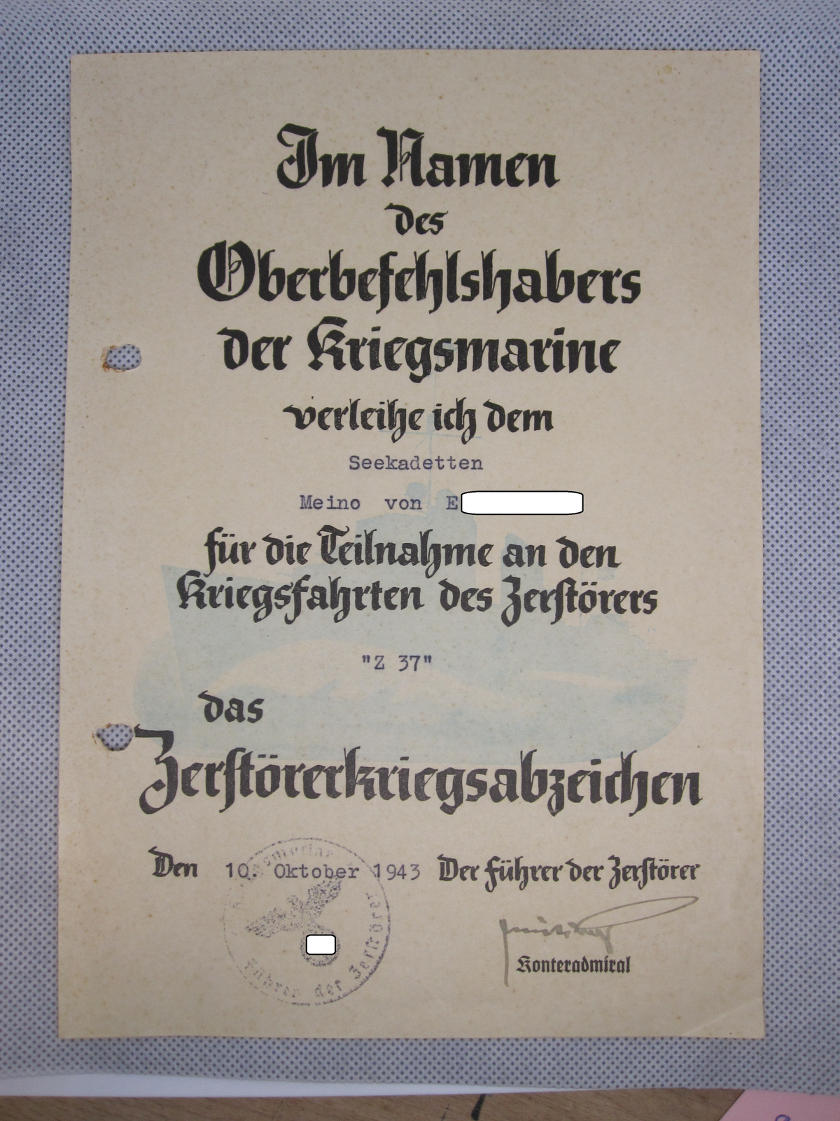 Besitzzeugnis zum Zerstörerkriegsabzeichen &quot;Z37&quot;