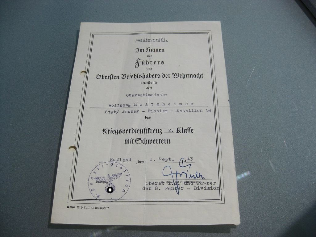 Besitzzeugnis Verleihungsurkunden Panzerpionier Bataillon 59 &amp; Panzerartillerie Regiment 80 KAMPFGRUPPE FRIEBE