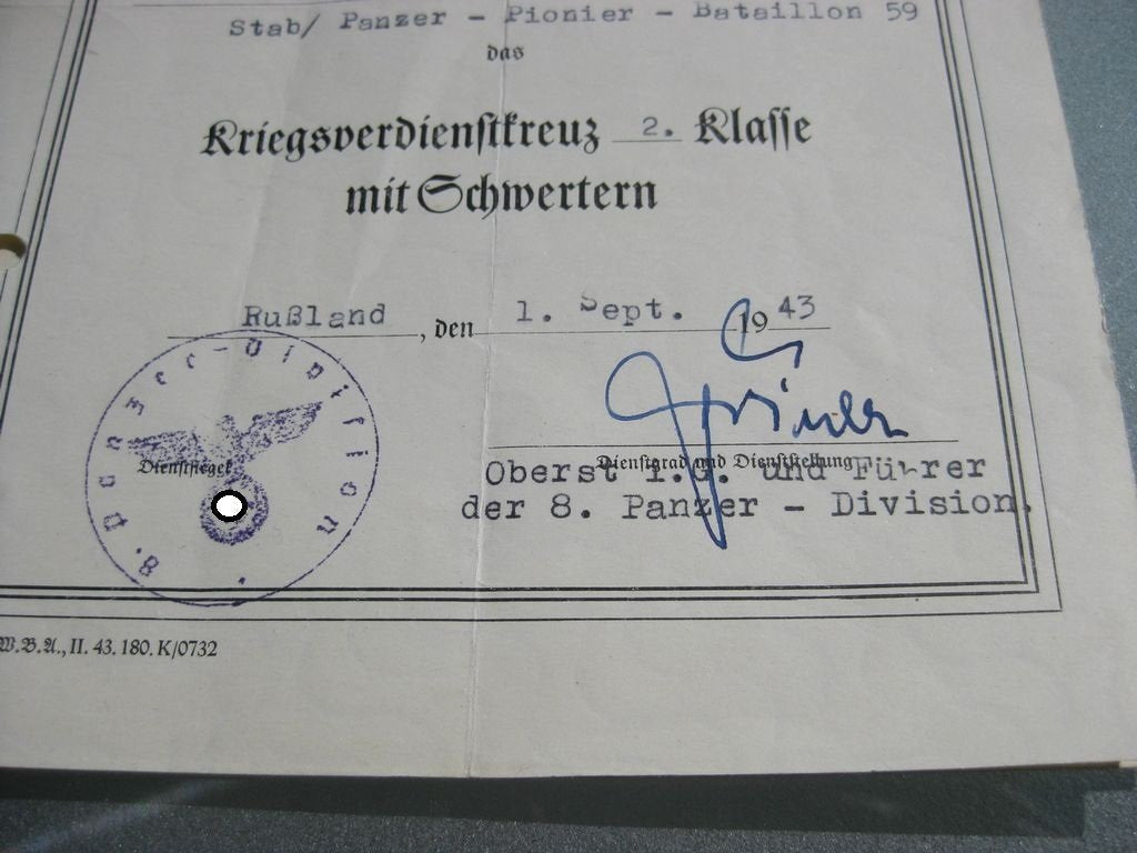 Besitzzeugnis Verleihungsurkunden Panzerpionier Bataillon 59 &amp; Panzerartillerie Regiment 80 KAMPFGRUPPE FRIEBE