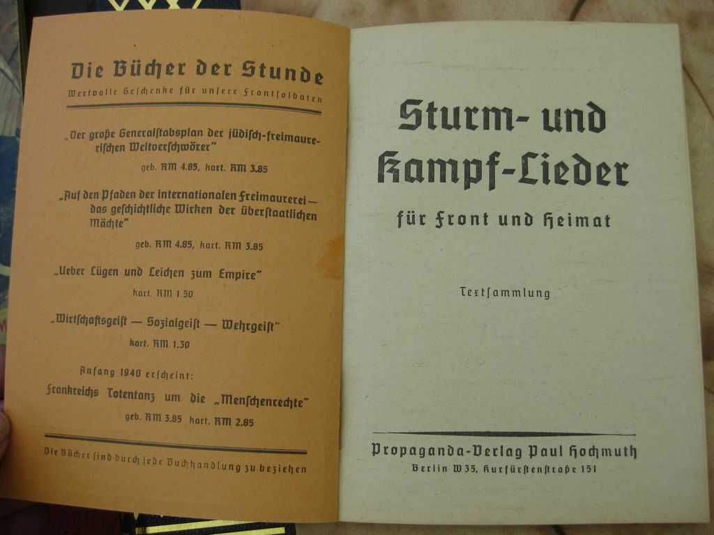 Originalausgabe Heft / Buch Sturm und Kampflieder für Front und Heimat