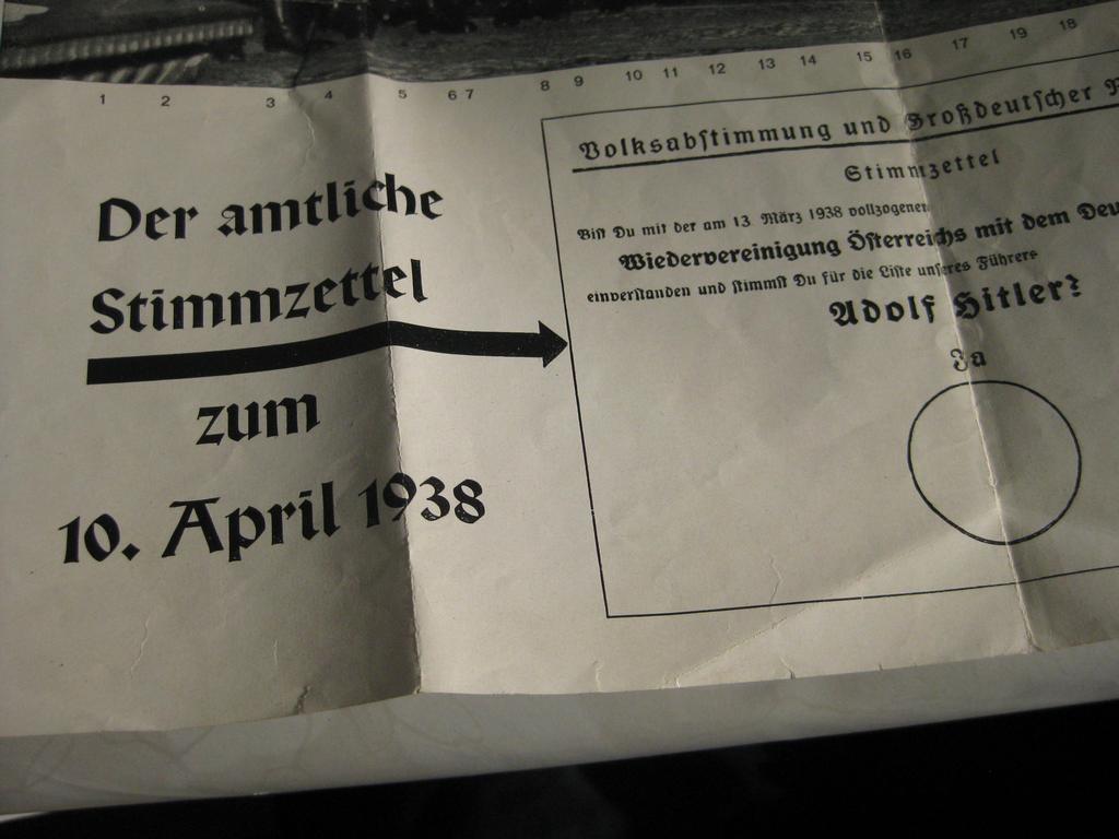 ORIGINAL alter amtlicher Stimmzettel für die Wiedervereinigung / Anschluß mit Österreich 1938