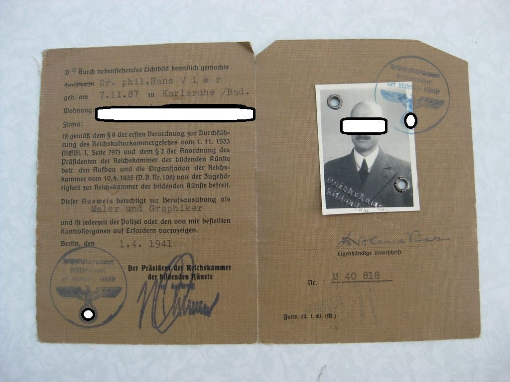 Ausweis Reichskulturkammer Baden Karlsruhe Leutnant VIER