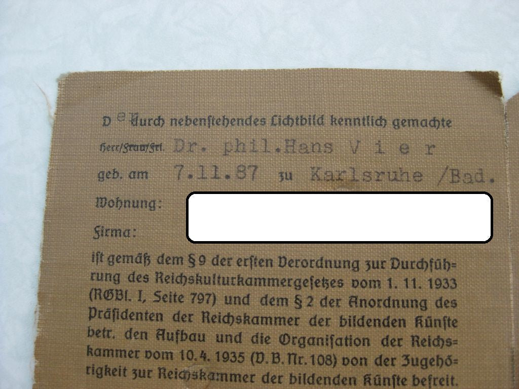 Ausweis Reichskulturkammer Baden Karlsruhe Leutnant VIER